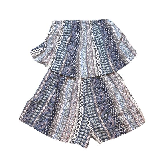 Ultra Flirt Strapless Romper Blue Boho Paisley Print Ruffle Tube Top M NWT - Picture 3 of 7